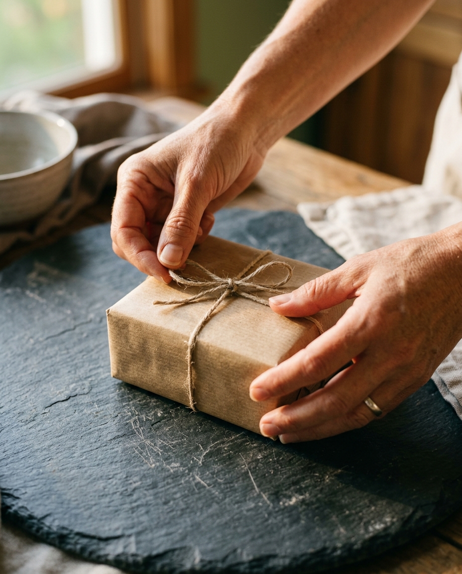 Hands tying twine around a parcel wrapped in brown paper, before it is given