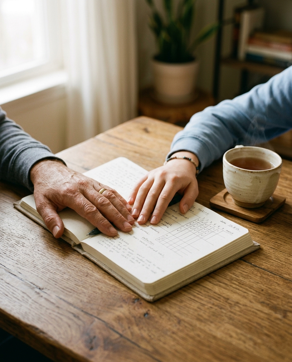 Two pairs of hands over an open notebook, a week of days ticked off