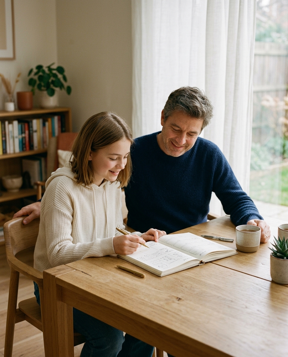 A father and his teenage daughter filling in a habit page together